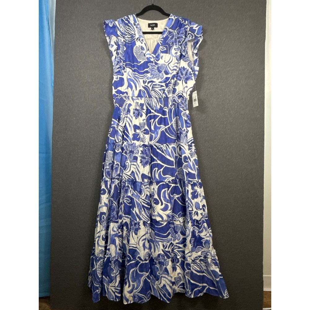 MSK Amparo Blue White Floral Tiered Maxi Dress Smocked Waist XL Beachy preppy